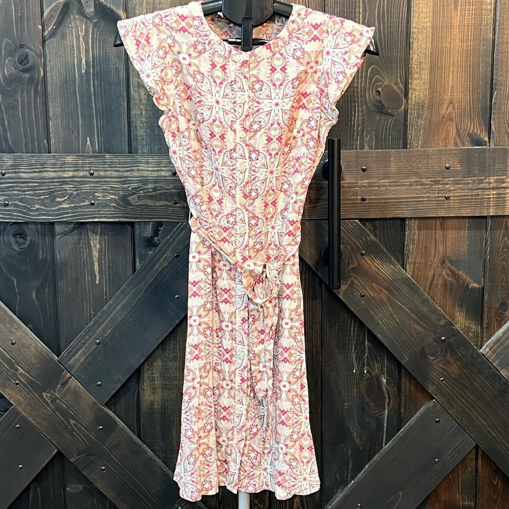NWT LOFT Cream Multi Garden Dress XXS Petite Flutter Sleeves Belted Cottagecore